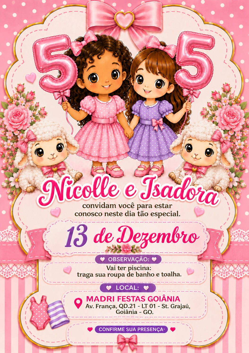 Duas meninas com vestidos rosa e lilás, balões de 5 anos e ovelhinhas